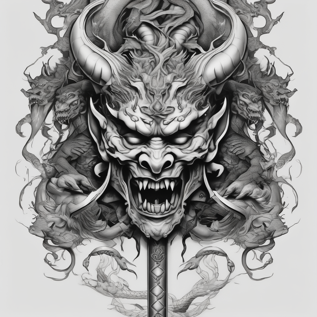 Back Tattoo with An Oni With a broken mask and a Sword, Dragons & snakes guardian angel tattoo forearm male, design de tatouage Surréaliste généré par IA